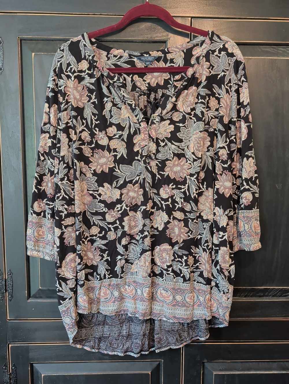 Lucky Brand Floral Button-Front Peasant Top in Black